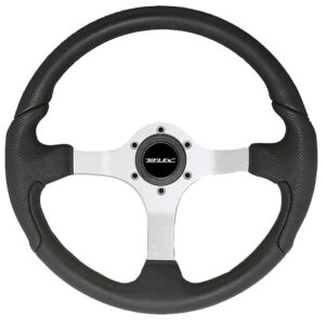 Black leather steering wheel with silver spokes