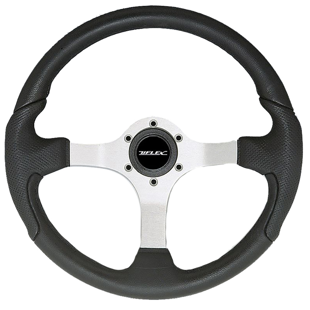 Black leather steering wheel with silver spokes