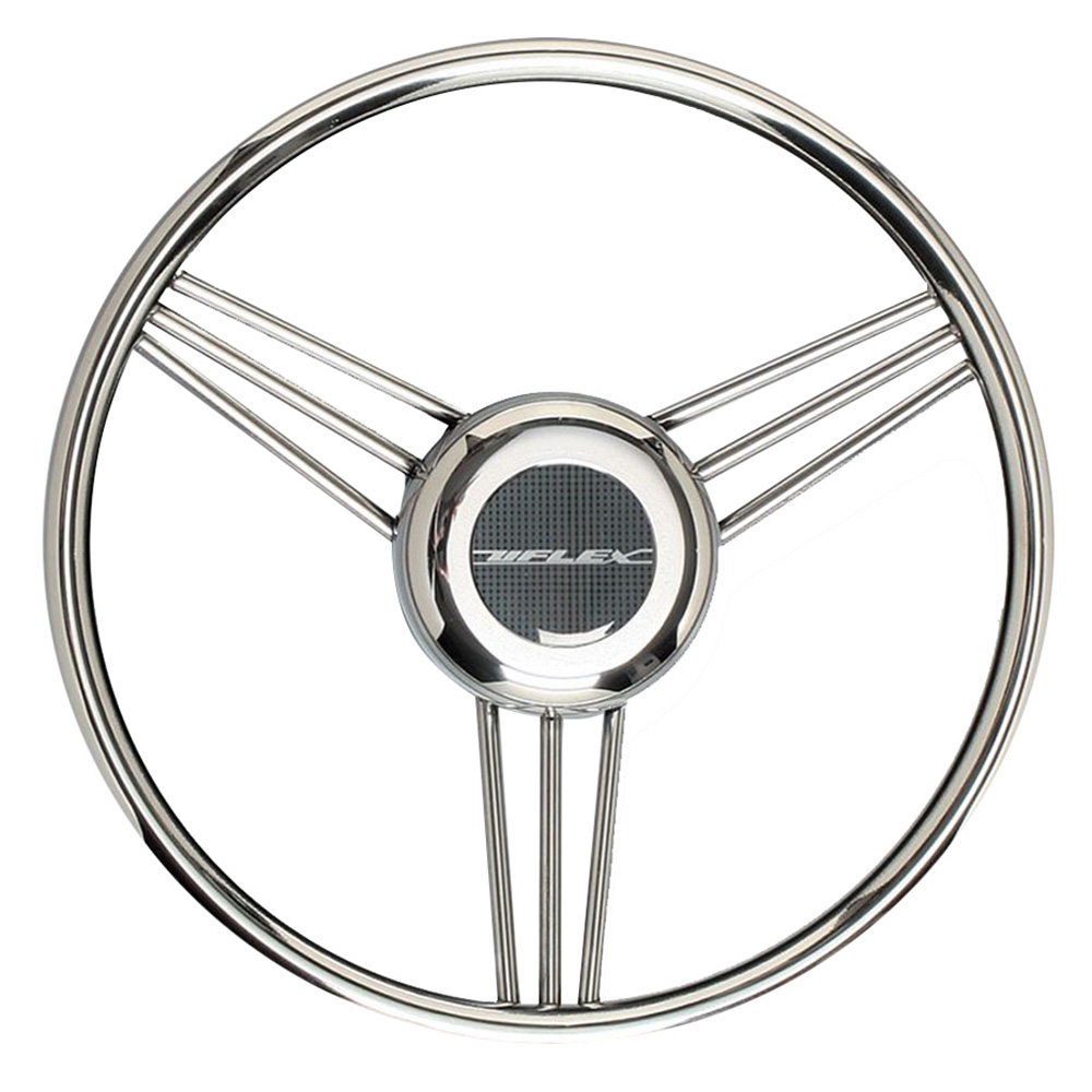 Classic car steering wheel, retro design chrome spokes.