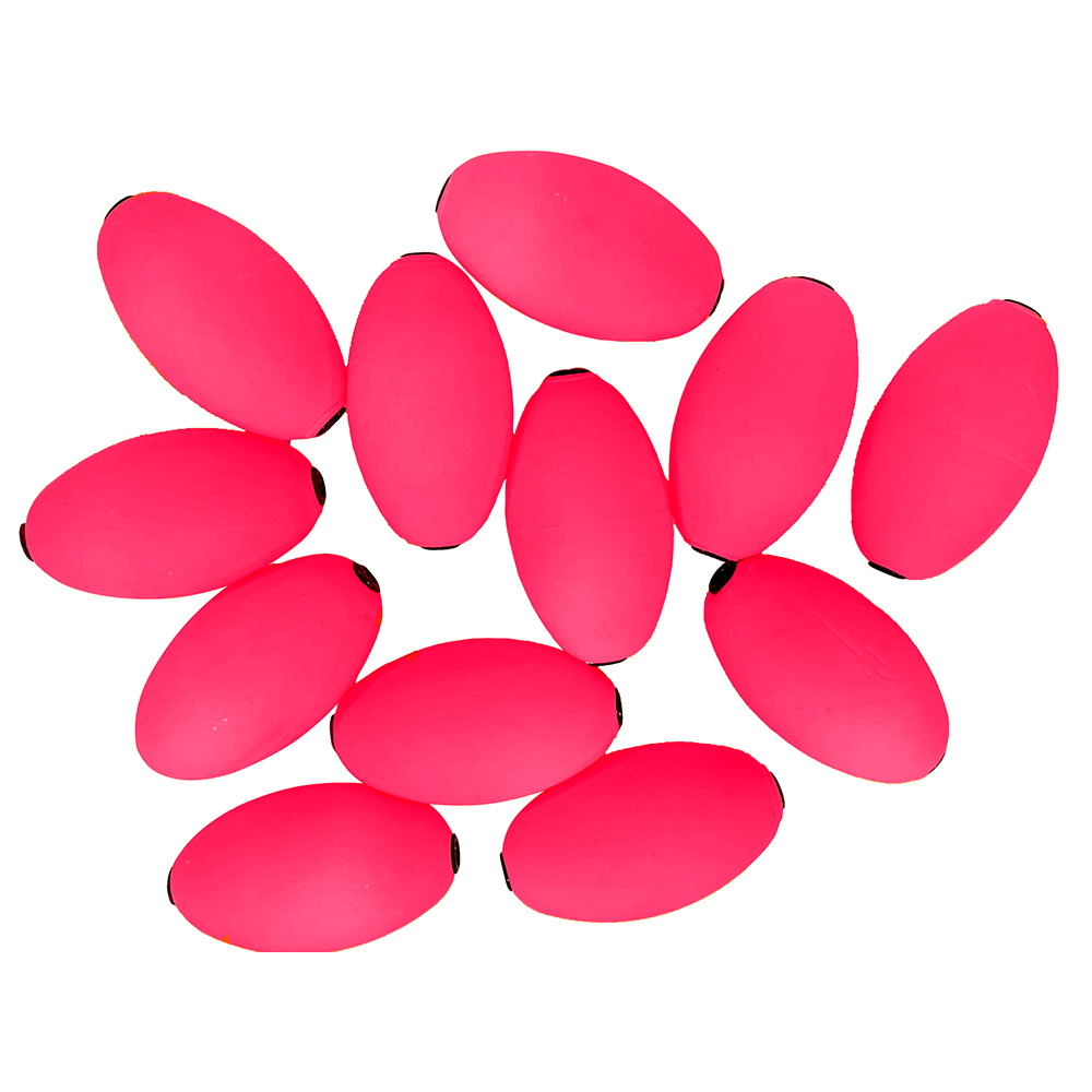 Red oval fishing bobbers, scattered arrangement.