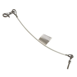 Safety cable with metal clips and tag.