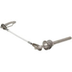 Metal cable tensioner with eye hook and turnbuckle.