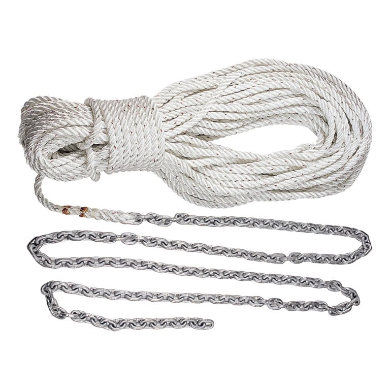Coiled white rope with attached metal chain
