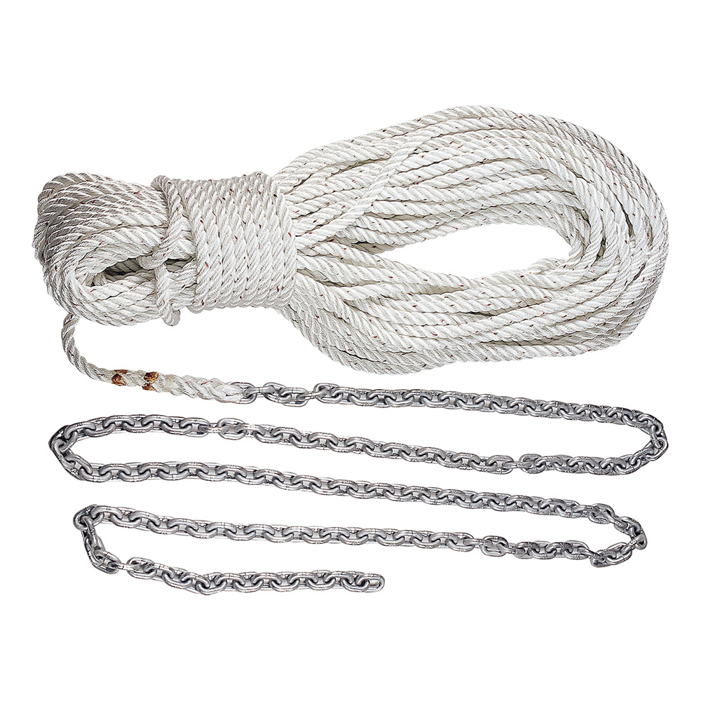 Coiled white rope with attached metal chain