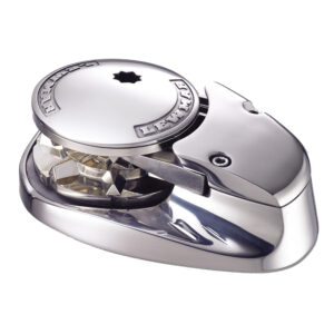 Stainless steel marine boat winch device close-up.