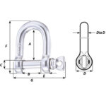 D-shackle with dimensions diagram for measurements.