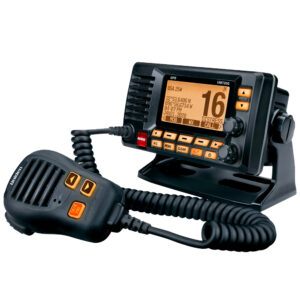 Marine radio with microphone and display unit.