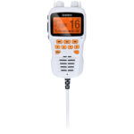 Marine radio with orange display and controls.
