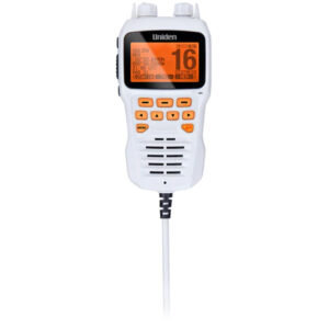 Marine radio with orange display and controls.