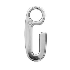 Silver metal hook with circular top and logo.