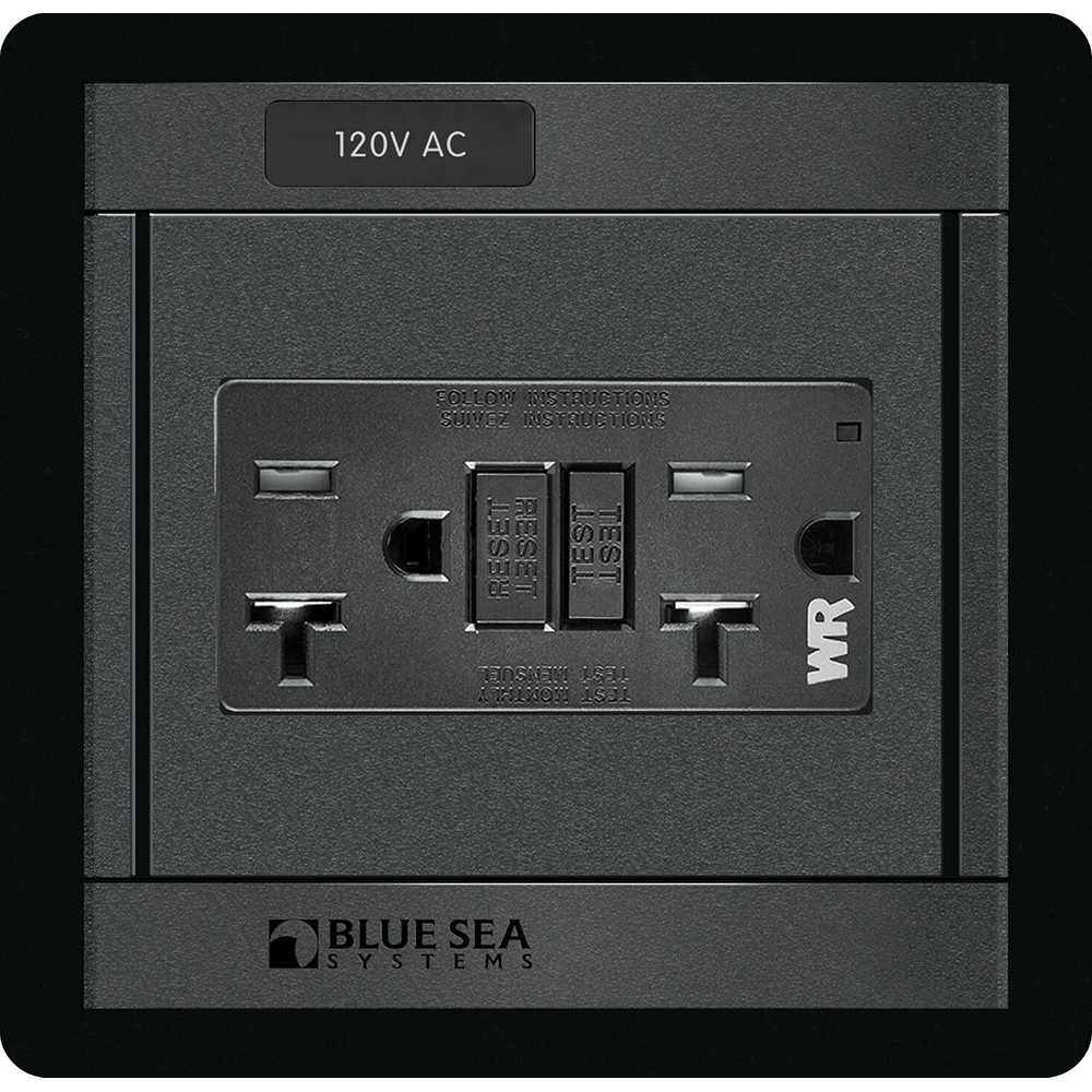 120V AC duplex outlet with reset and test buttons.