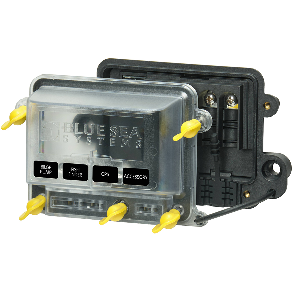 Blue Sea Systems marine electronic panel with switches.