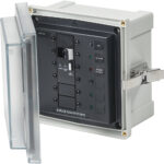 Electrical panel enclosure with open transparent door.