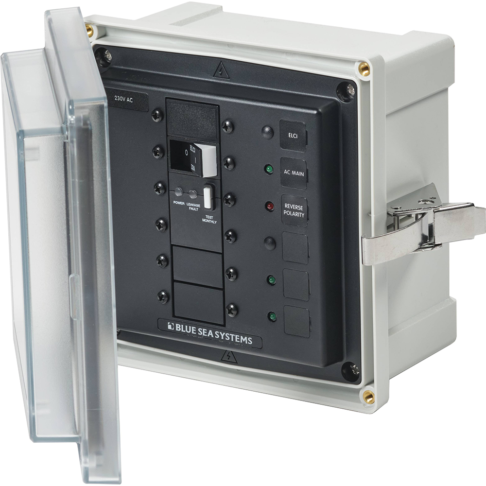 Electrical panel enclosure with open transparent door.