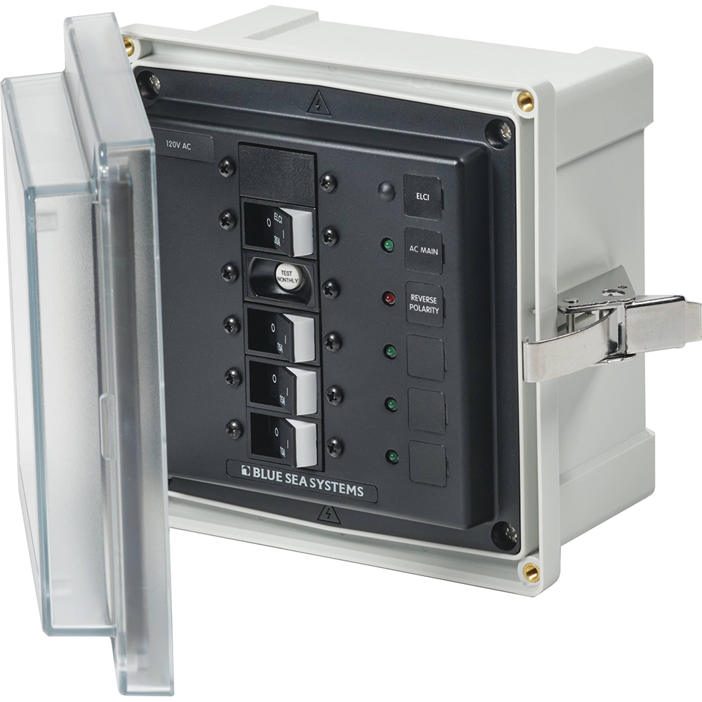 Marine electrical panel with circuit breakers.