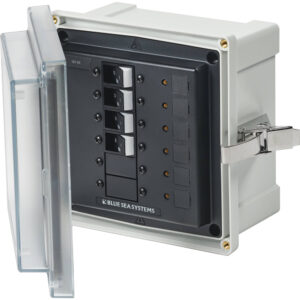 Circuit breaker panel with open protective cover