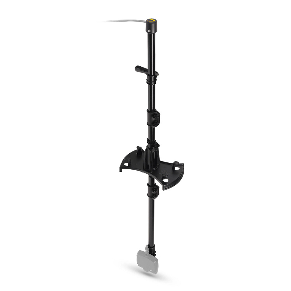Black adjustable microphone stand with base and handle.