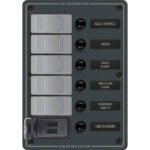 DC distribution panel with labeled switches and fuses