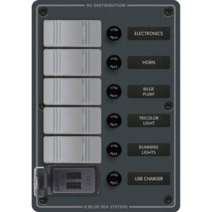 DC distribution panel with labeled switches and fuses