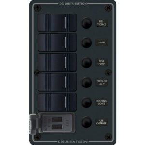 DC power distribution panel with switches and USB.