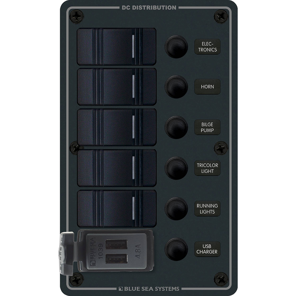 DC power distribution panel with switches and USB.