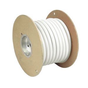 Spool of white cable on cardboard reel.