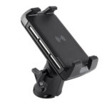 Black phone holder with adjustable mount, wireless charging pad.