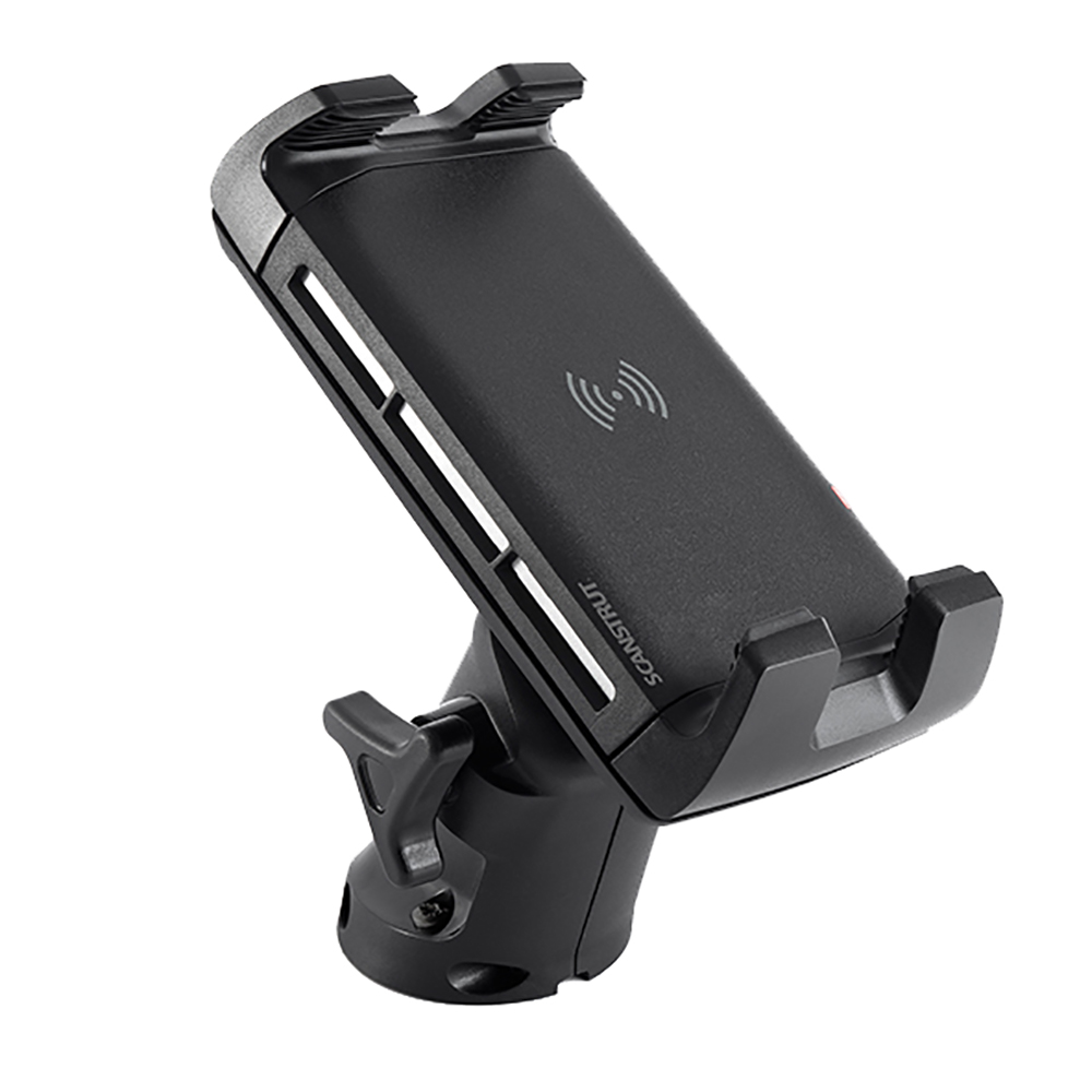 Black phone holder with adjustable mount, wireless charging pad.