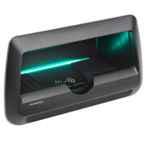 Marine wireless phone charging station with LED light.