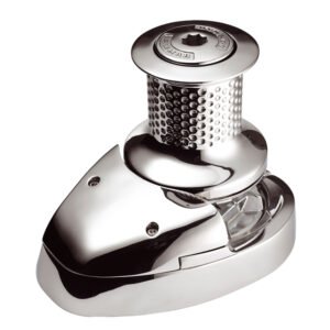 Stainless steel sailboat anchor winch close-up.