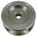 Stainless steel industrial pulley wheel close-up.