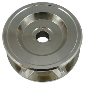 Stainless steel industrial pulley wheel close-up.