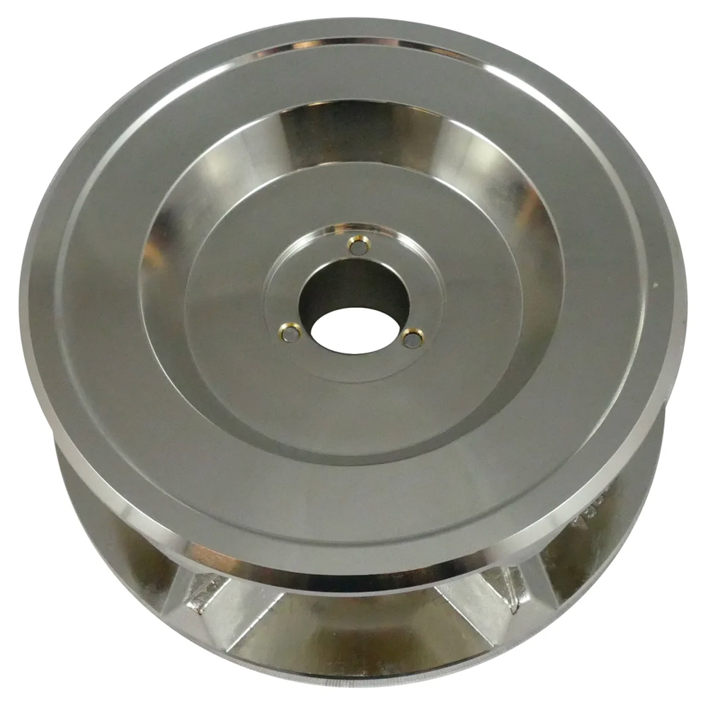 Stainless steel industrial pulley wheel close-up.