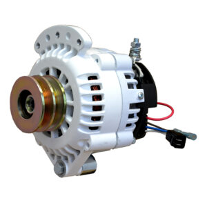 White automotive alternator with wires and connector