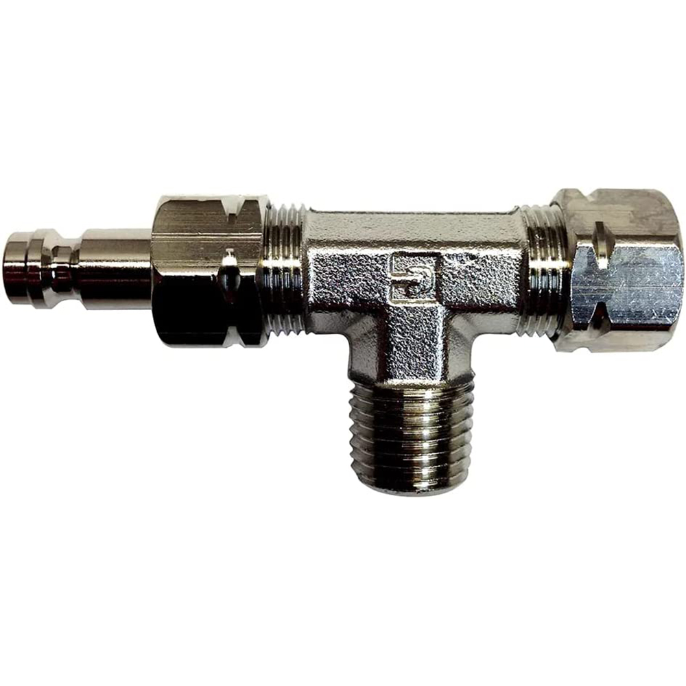 Metal T-connector pipe fitting with threaded ends.