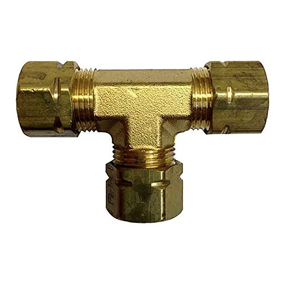 Brass plumbing tee connector fitting viewed frontally.