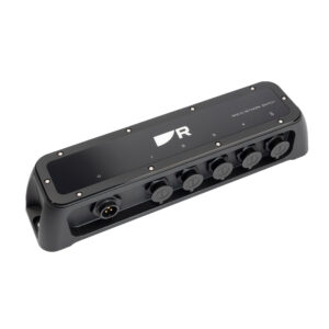 Black network switch with multiple ports.