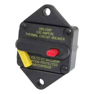 100 Ampere thermal circuit breaker with reset switch.