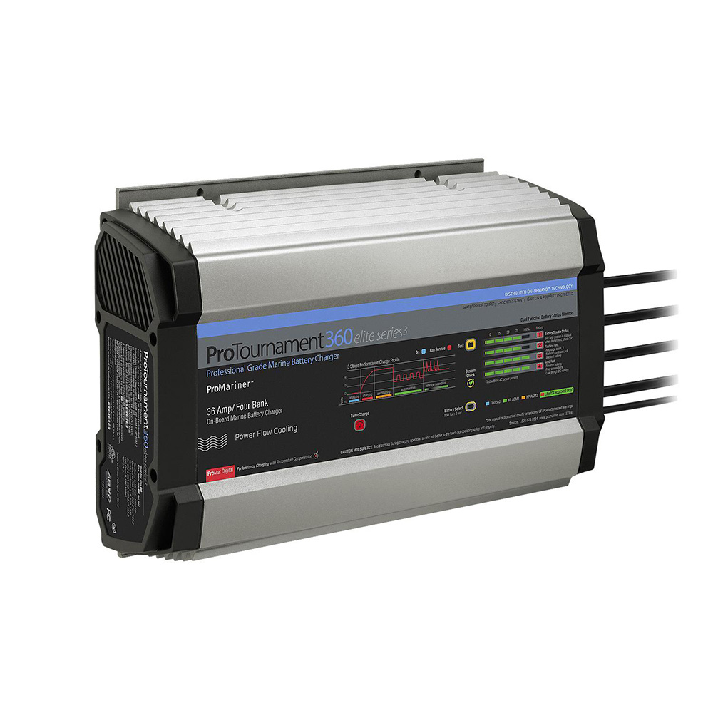 ProTournament marine battery charger, silver and black design.