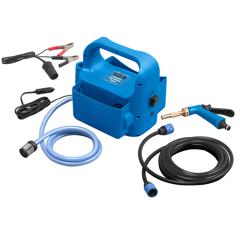 Portable blue pressure washer with hose and accessories.