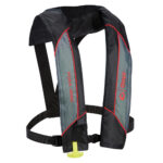 Inflatable life jacket with black and gray design.