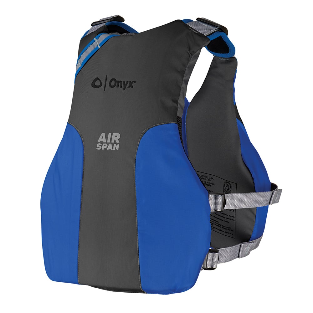 Blue and black Onyx life jacket with straps.