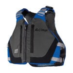 Gray and blue life jacket with zippers