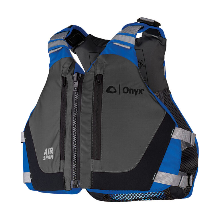 Gray and blue life jacket with zippers