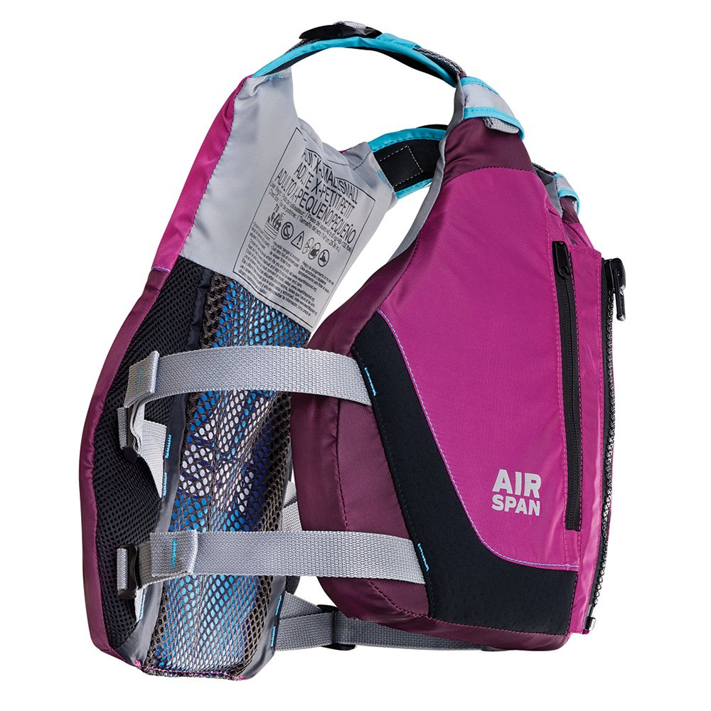 Pink life jacket with black and gray accents.