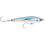Fishing lure with two hooks and shiny finish.