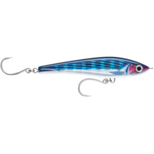 Blue and silver fishing lure with two hooks.