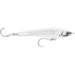 Silver fishing lure with two hooks.