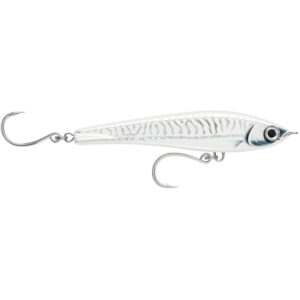 Silver fishing lure with two hooks.