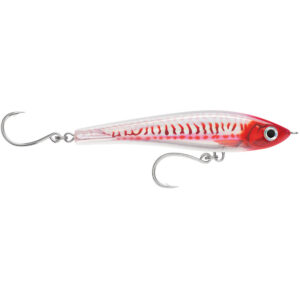 Red and white fishing lure with hooks.